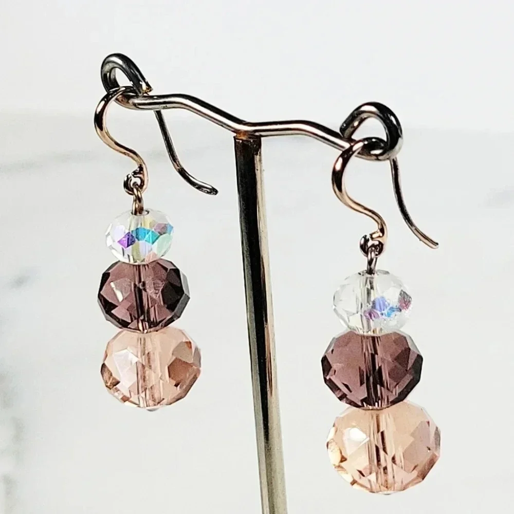 Artisan Crystal Bead Earrings Faceted Pink AB Irridescent Delicate Roman…